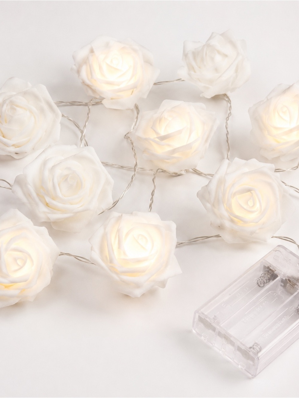 10-Piece White Rose Flower String Lights Battery Operated Fairy Lights